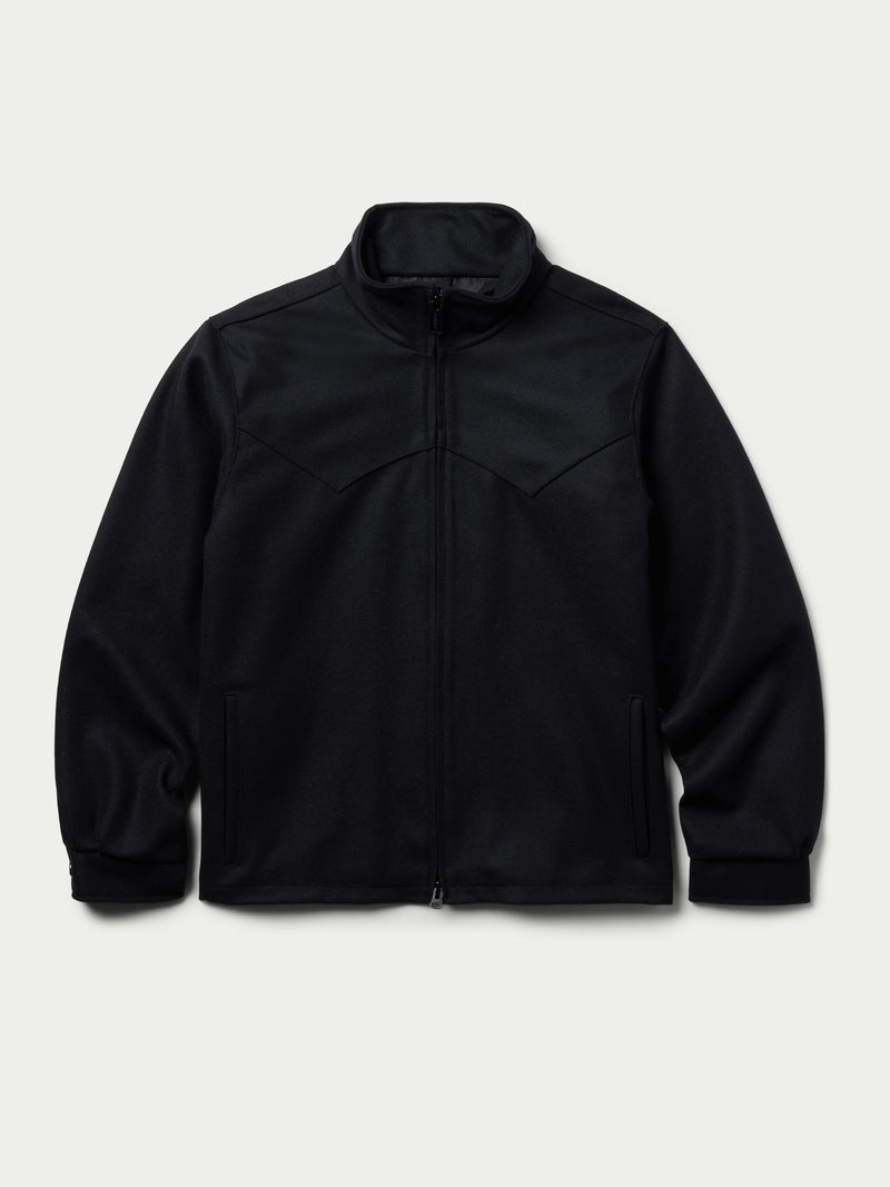 Black wool arena jacket front view with stand collar and side pockets