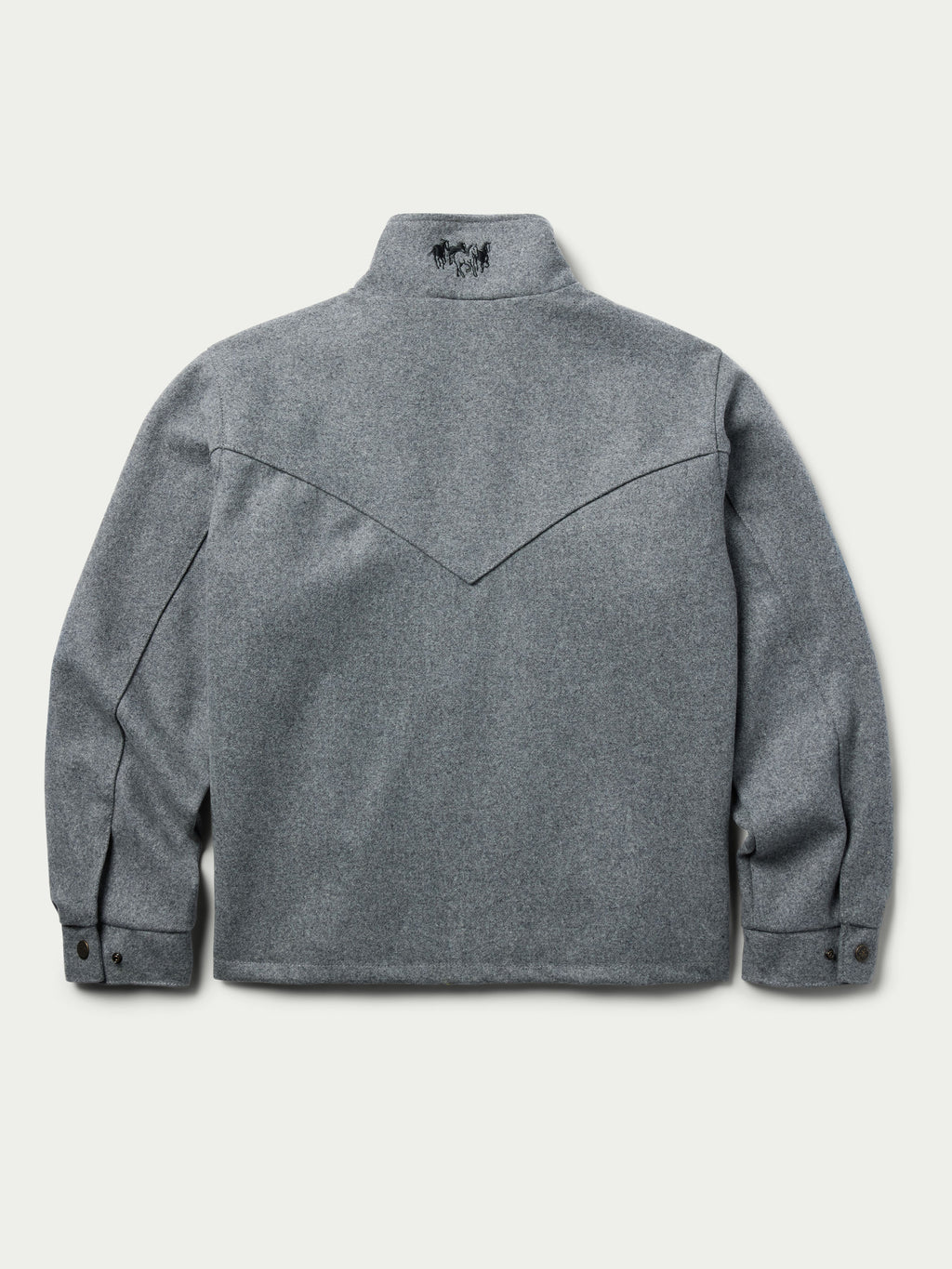 Heather gray wool jacket back with stand collar and seam detailing