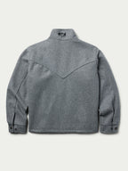 Heather gray wool jacket back with stand collar and seam detailing