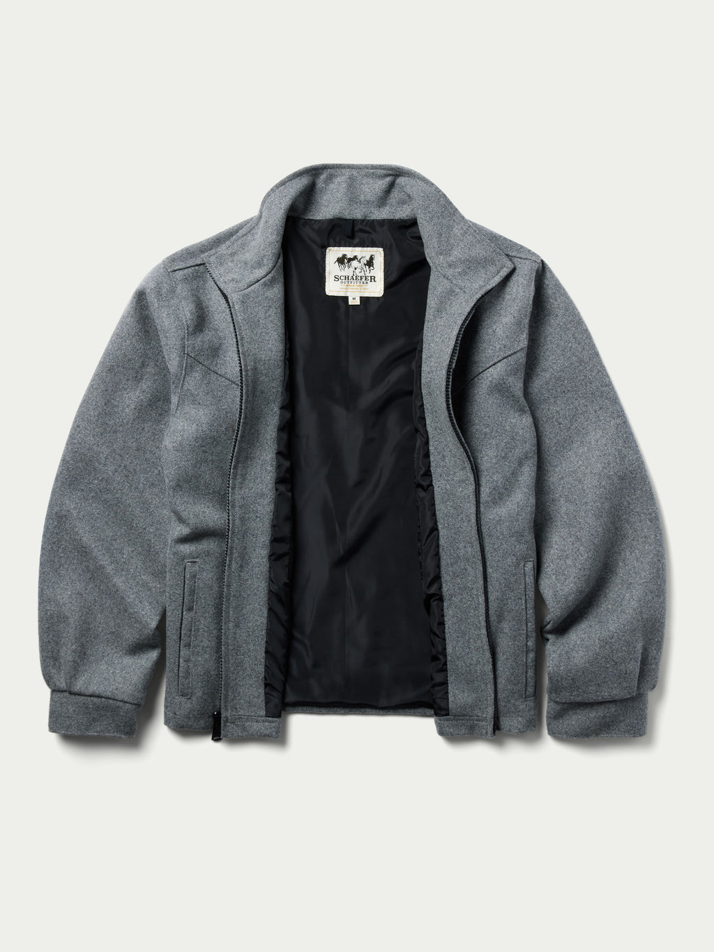 Heather gray wool full-zip jacket showing black inner lining and stand collar