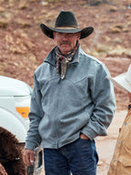 Heather gray wool zip jacket with stand collar, worn outdoors