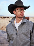 Heather gray wool stand-collar zip jacket on model with cowboy hat