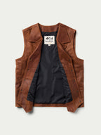 Brown leather sleeveless vest with button-front and straight hem, product flat lay
