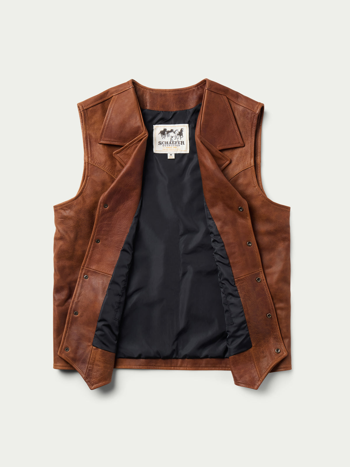Brown leather sleeveless vest with button-front and straight hem, product flat lay