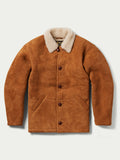 Buckskin shearling coat with cream sherpa-style collar and four-button front