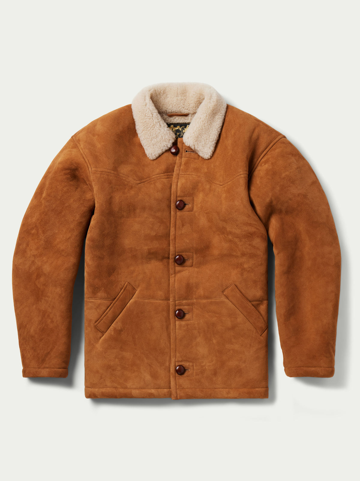 Buckskin shearling coat with cream sherpa-style collar and four-button front