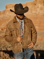 Vintage brown suede trucker jacket with snap buttons and two chest pockets