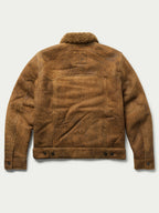 Men's brown trucker jacket back view with sherpa collar and button placket
