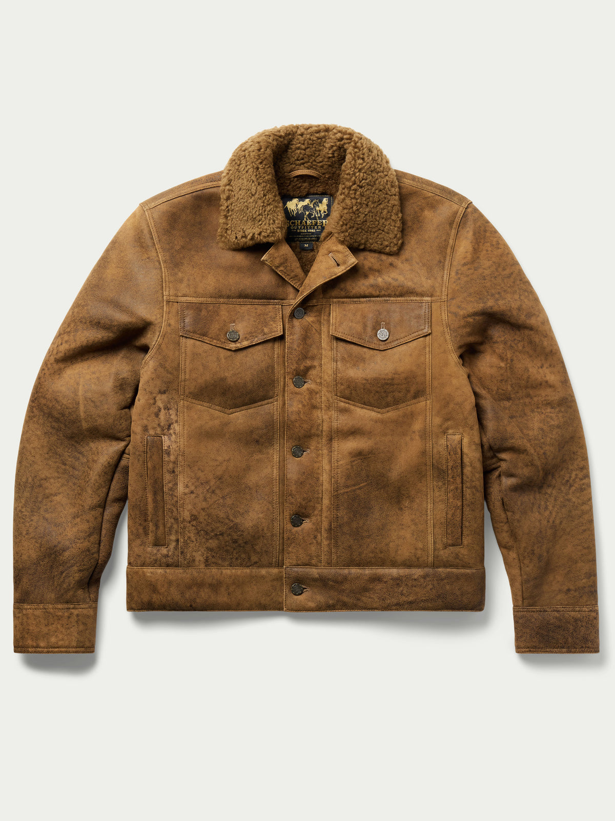 Men's brown trucker jacket with sherpa collar and button-front, front view