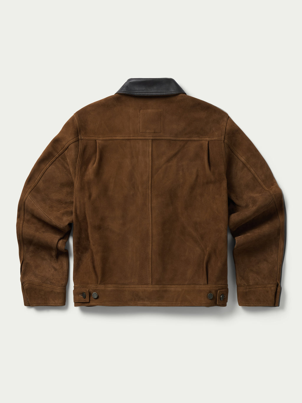 Brown roughout suede trucker jacket with black stand collar and snap buttons