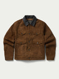 Brown roughout suede trucker jacket with four-pocket front and snap closures