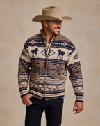 Full zip knit sweater with cream, navy, and tan western motif; front zipper