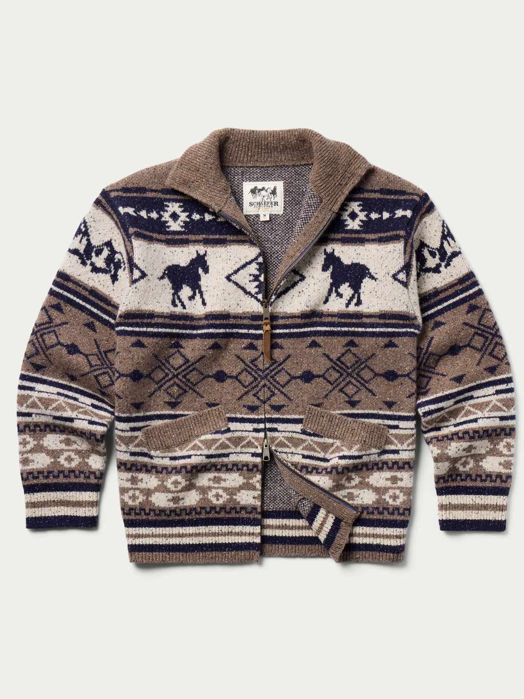 Brown full-zip sweater with navy-and-cream horse and diamond Fair Isle pattern.