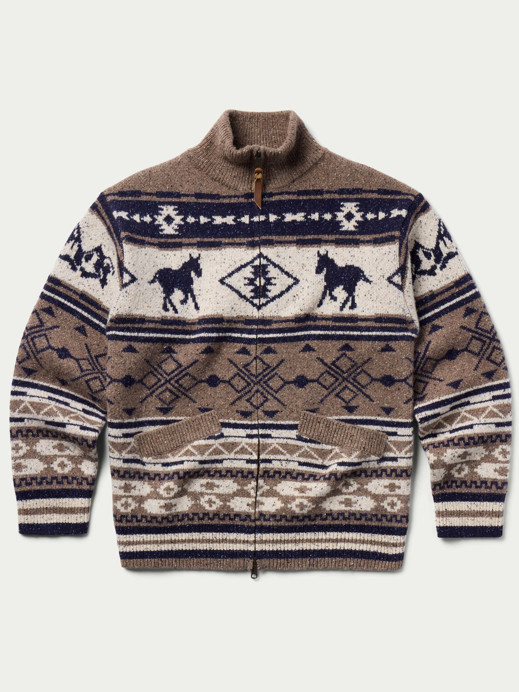 Brown full-zip knit sweater with navy and cream Fair Isle motif across chest and hem.