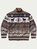 Brown full-zip knit sweater with navy and cream Fair Isle motif across chest and hem.