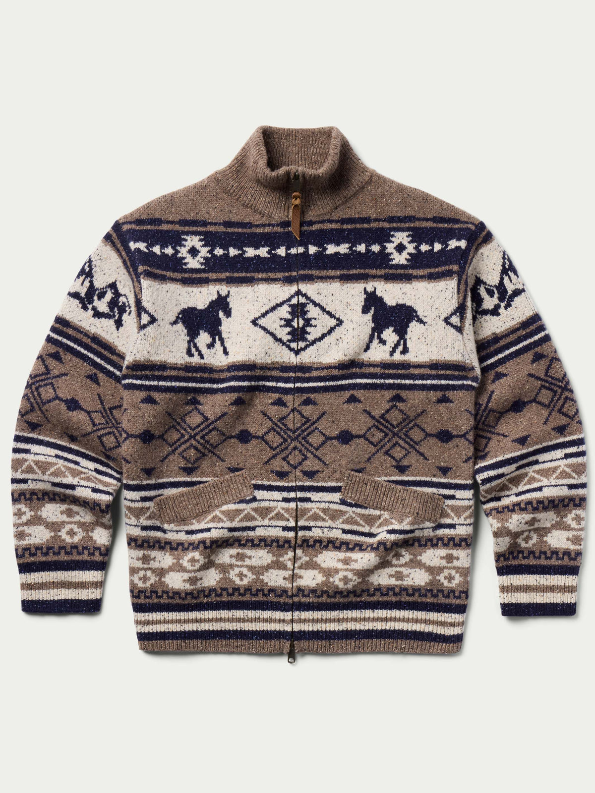 Brown full-zip knit sweater with navy and cream Fair Isle motif across chest and hem.