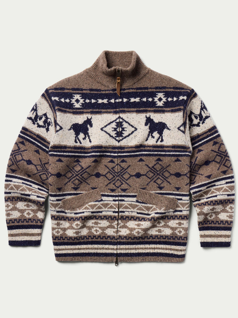 Brown full-zip knit sweater with navy and cream Fair Isle motif across chest and hem.