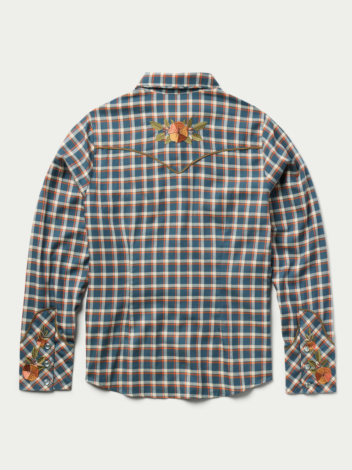 Women’s embroidered snap shirt, blue plaid back with yoke and floral embroidery