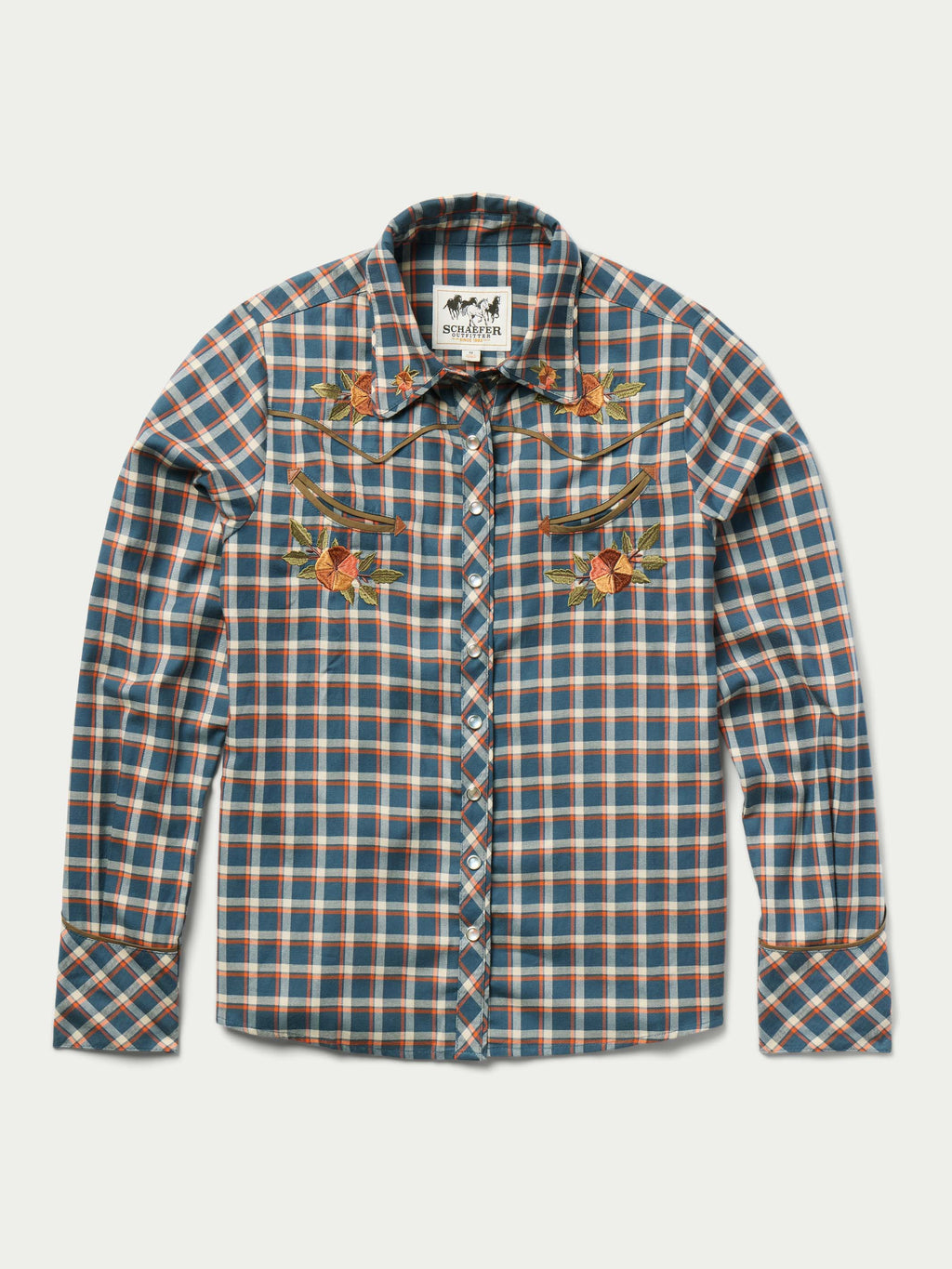 Women’s embroidered snap shirt, front blue plaid with floral embroidery and snap placket