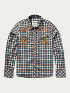 Women’s embroidered snap shirt, front blue plaid with floral embroidery and snap placket