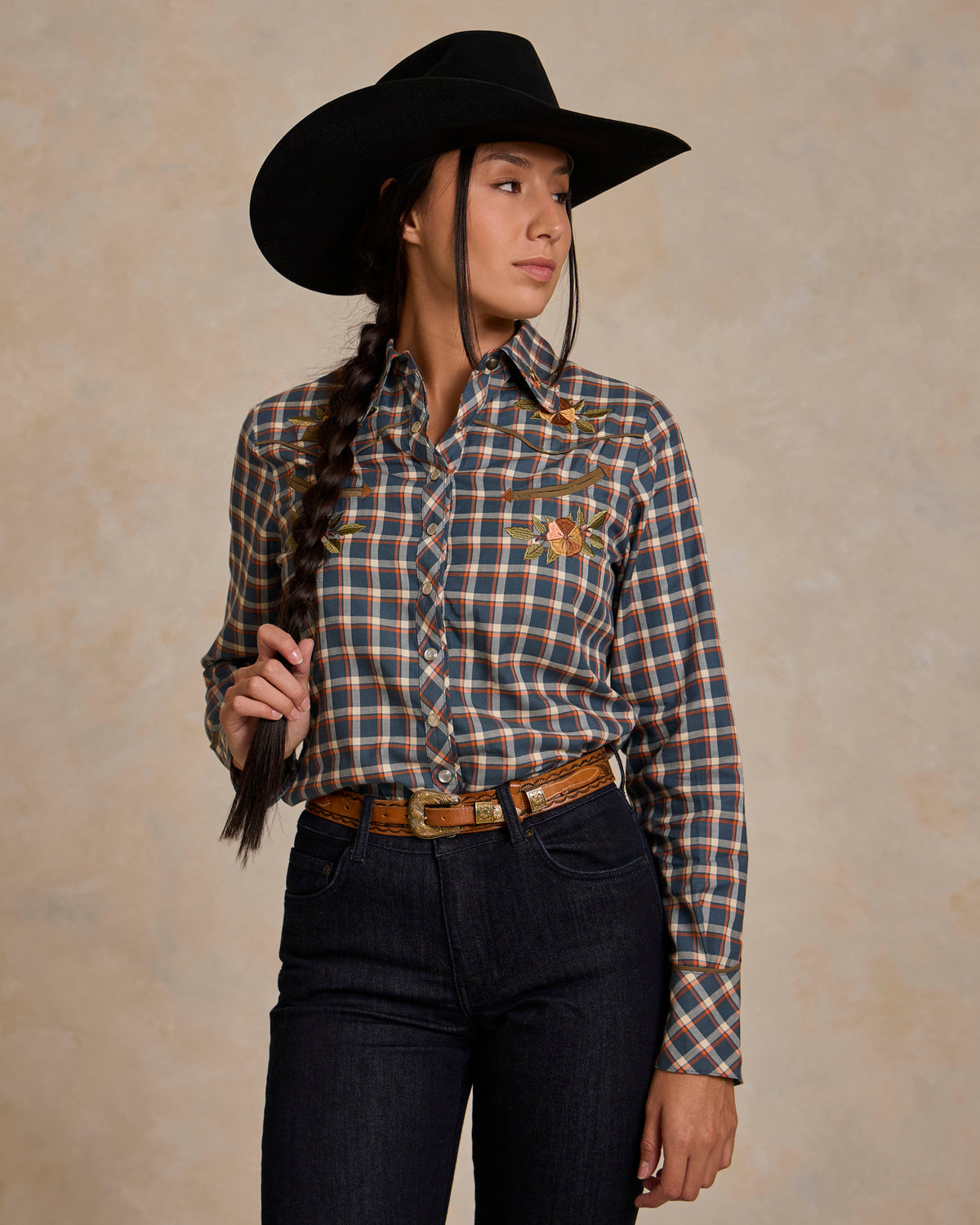 Embroidered blue-and-orange plaid snap shirt with chest yoke embroidery, long sleeves