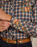 Embroidered plaid snap shirt sleeve with floral motifs and snap cuffs