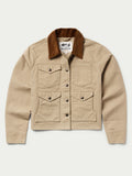 Beige jacket front view with brown corduroy collar and snap button closures