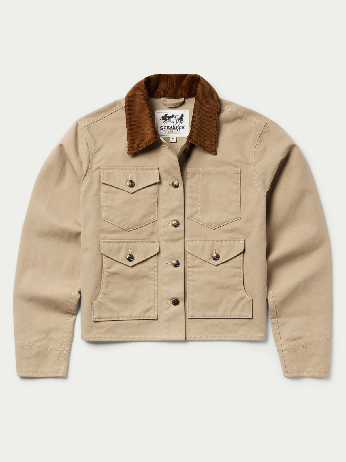 Beige jacket front view with brown corduroy collar and snap button closures