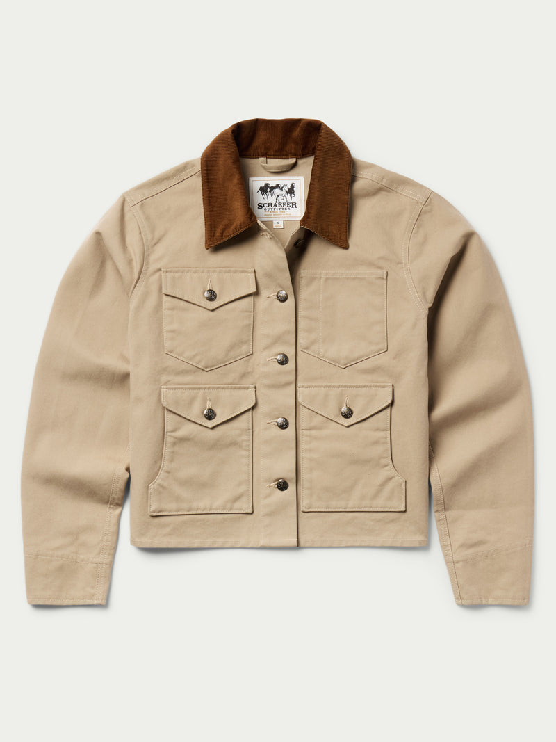 Beige jacket front view with brown corduroy collar and snap button closures