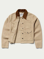 Beige women’s brush jacket with brown corduroy collar and four-pocket design