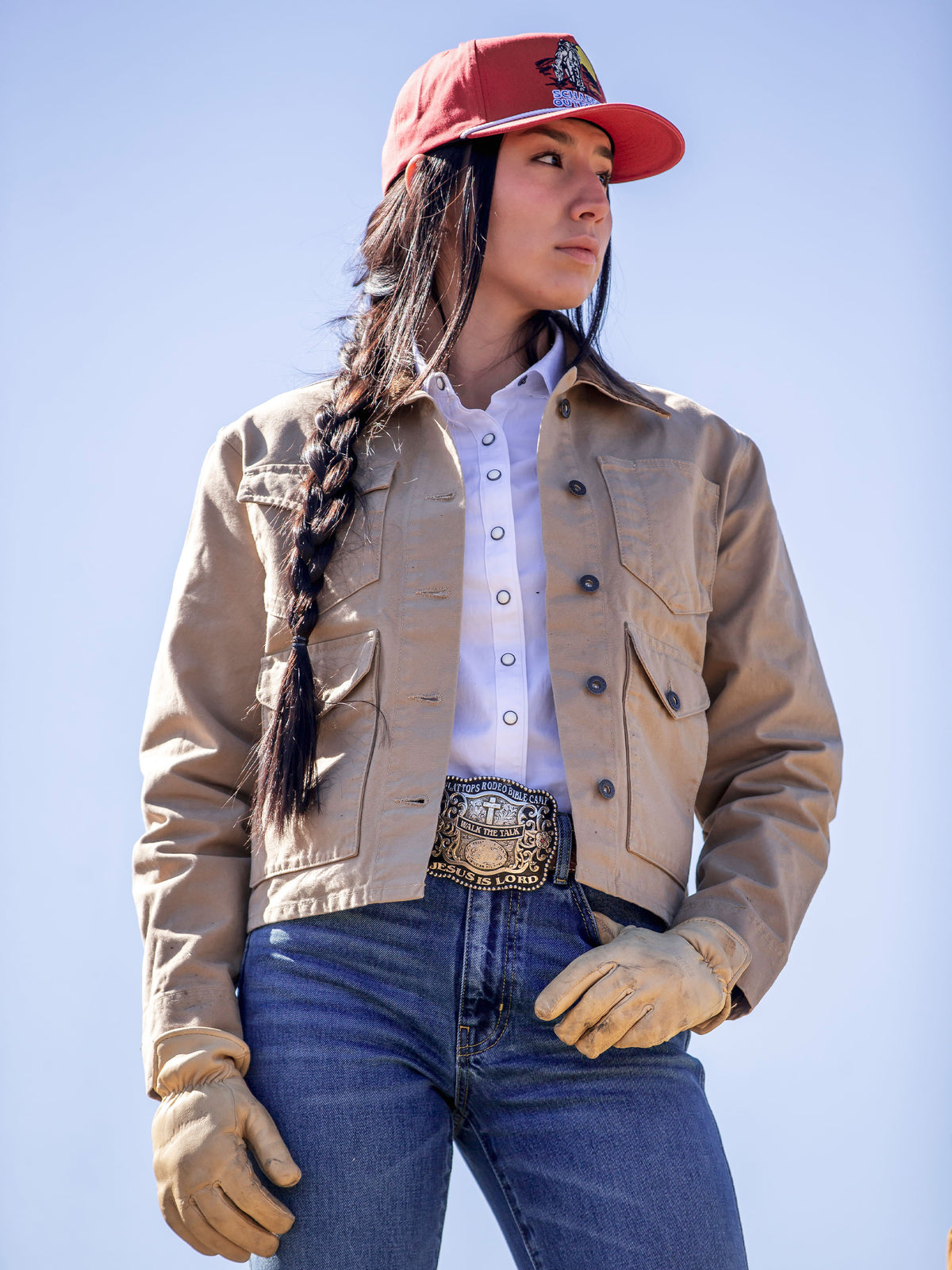 Beige women’s brush jacket with corduroy collar and snap button placket