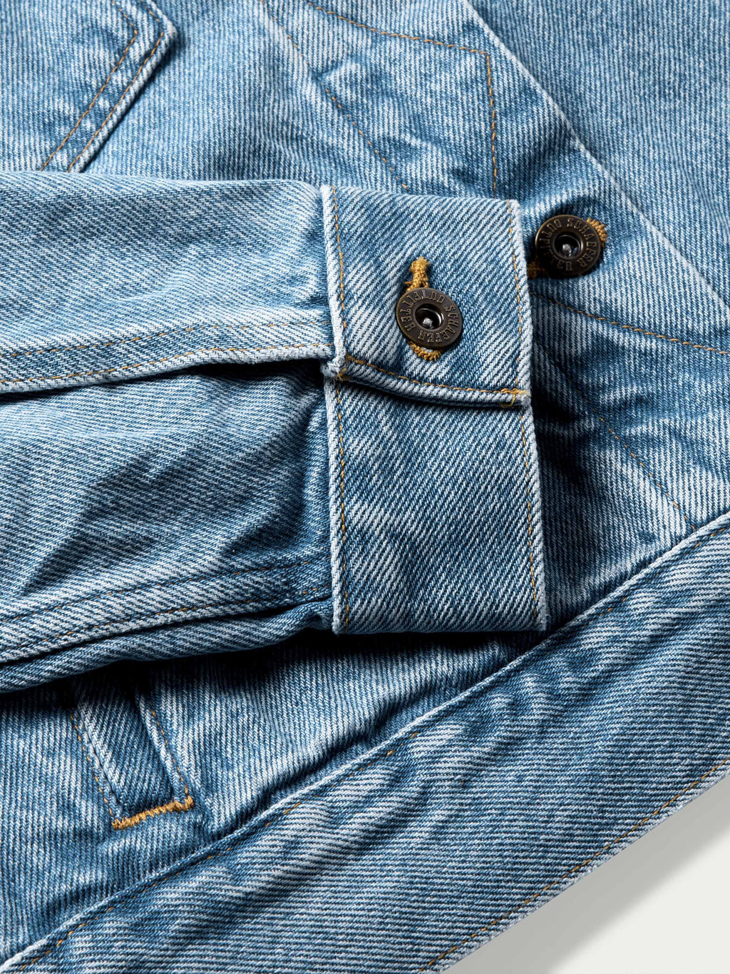Denim jacket close-up of button tab, seams, and folded cuff