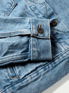 Denim jacket close-up of button tab, seams, and folded cuff