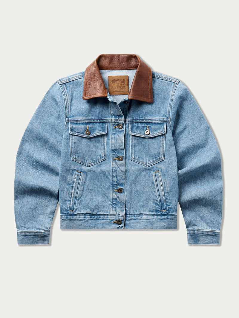 Light wash denim jacket with brown collar and chest button pockets
