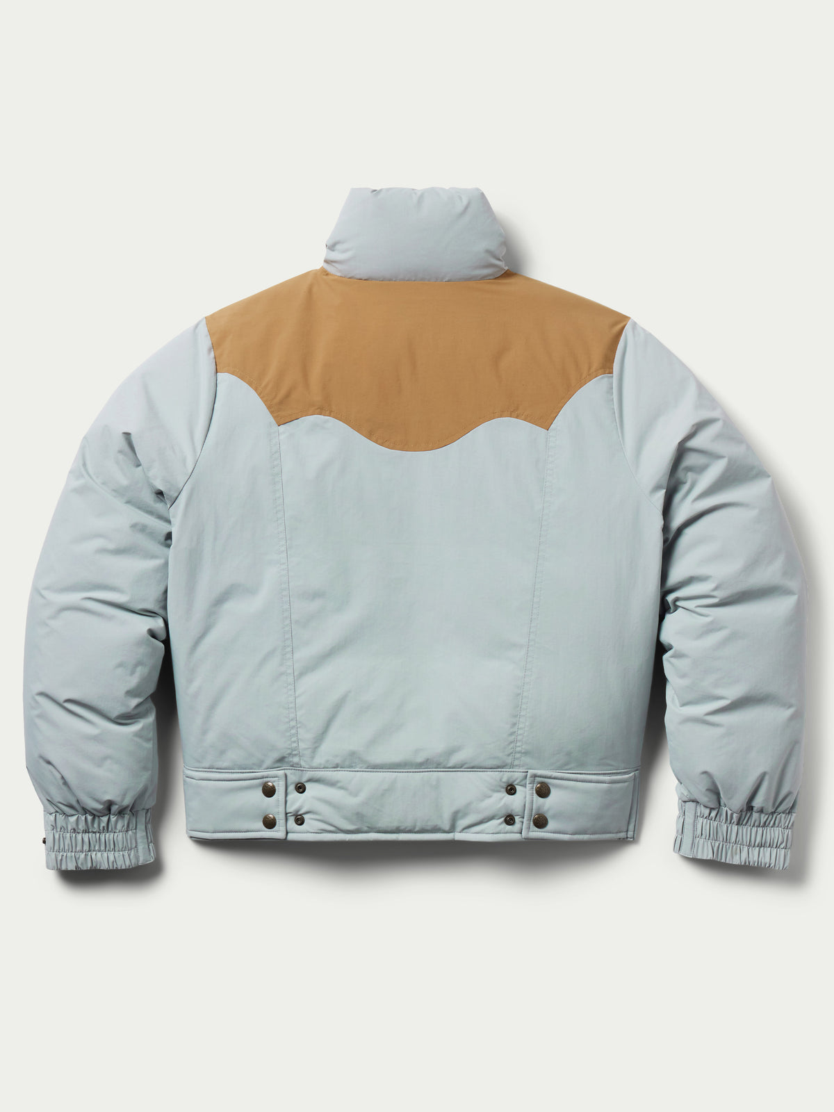 Women’s down jacket, light blue with tan yoke, snap buttons and ribbed hem cuffs