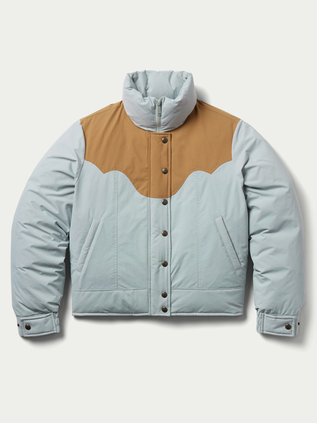 Women’s down jacket front, light blue shell with tan yoke and snap-through button closure