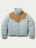 Women’s down jacket front, light blue shell with tan yoke and snap-through button closure