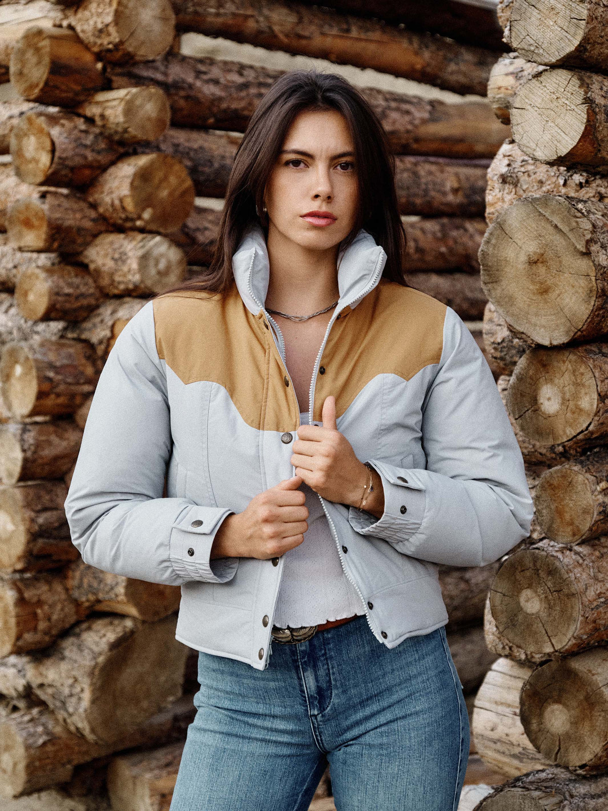 Women's dove down jacket with stand collar and button front