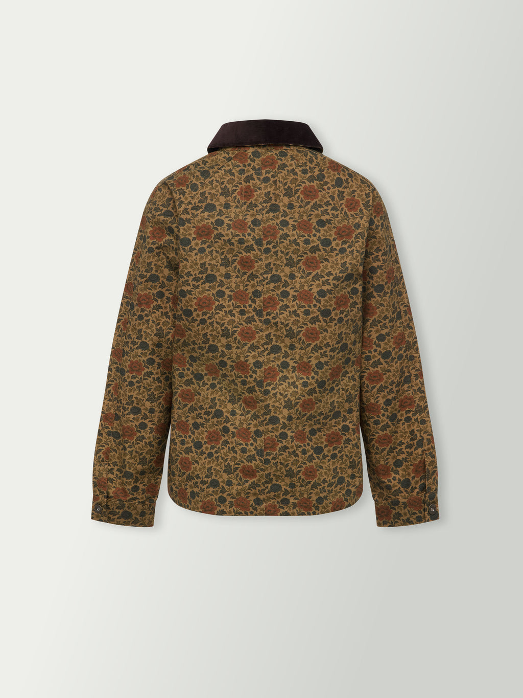 Women's chore coat in brown floral print with stand collar and button closure