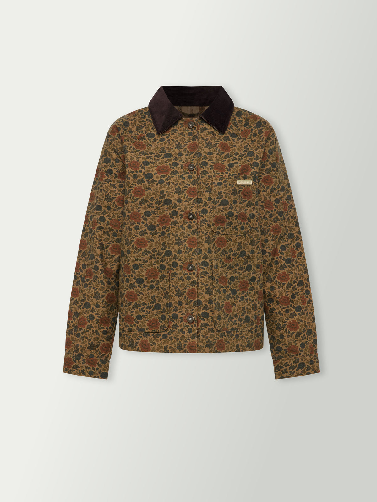Women's chore coat in brown floral print with button front and chest pocket