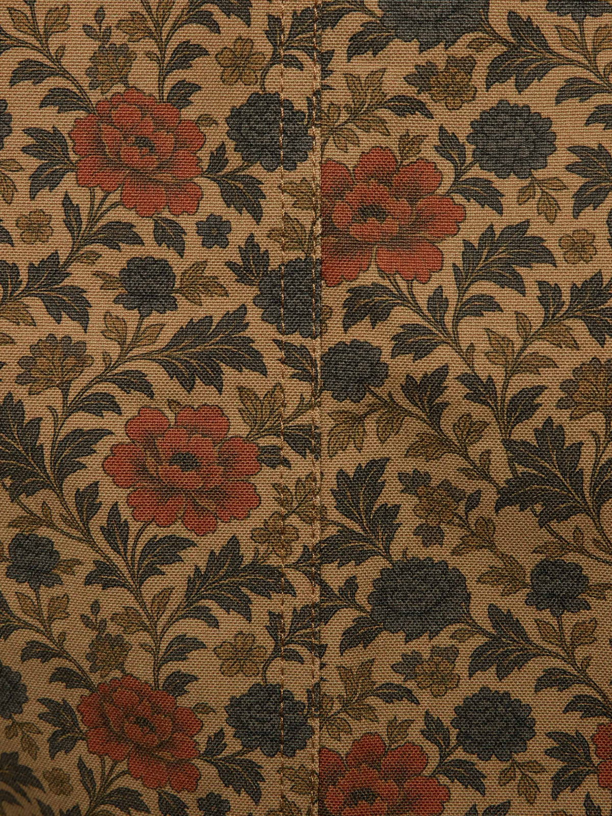 Floral chore coat fabric in brown, rust, and dark green