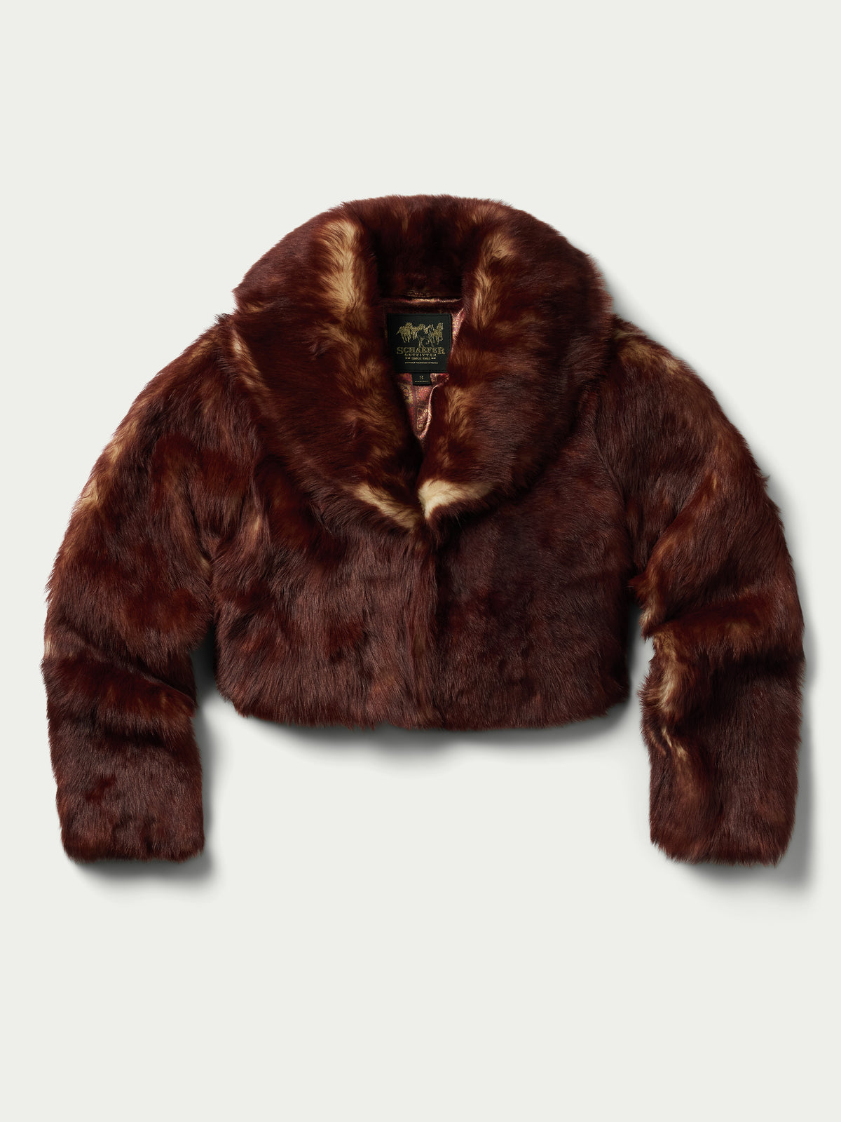 Women's Toscana jacket in auburn faux fur front with collar and open neckline