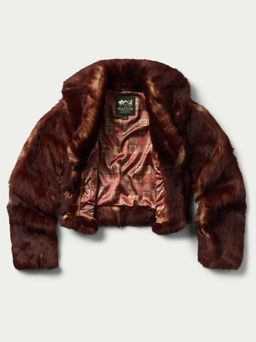 Women's Toscana jacket in auburn faux fur with open front and wide collar
