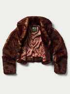 Women's Toscana jacket in auburn faux fur with open front and wide collar
