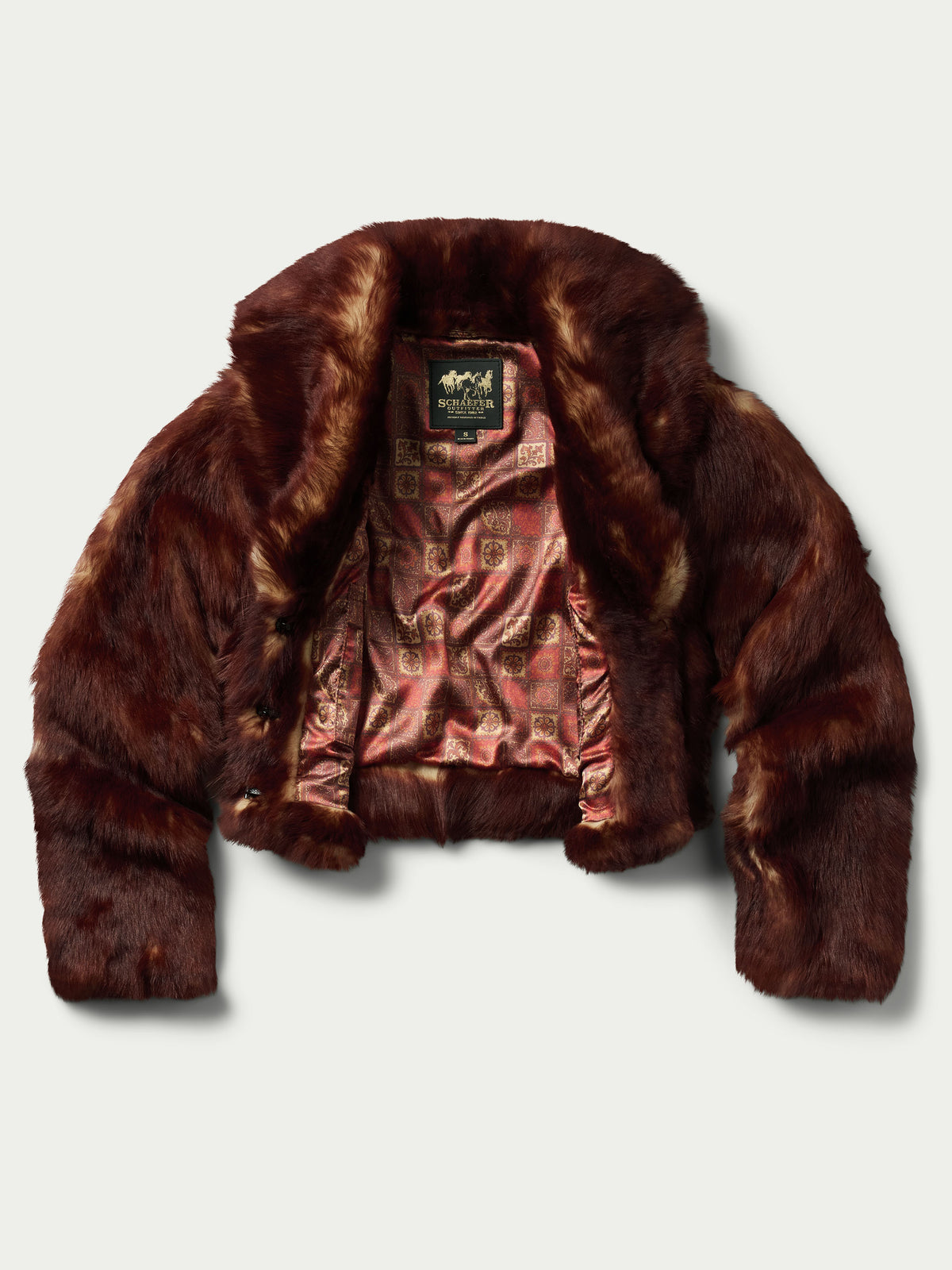 Women's Toscana jacket in auburn faux fur with open front and wide collar