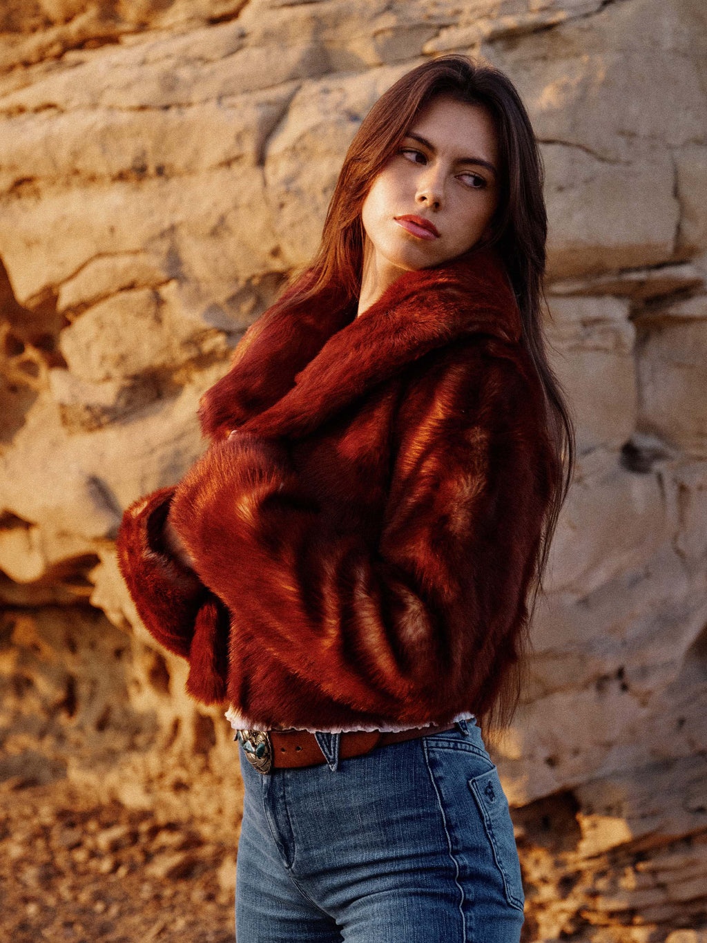 Women's Toscana jacket in auburn faux fur, close-up of shoulder and collar