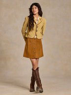 Buttercream suede jacket with blazer-inspired cut, whipstitch trim and button front
