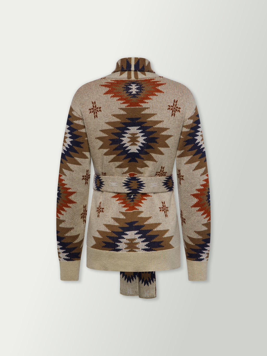 Women's belted sweater back view, cream with geometric pattern and waist tie.