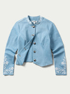 Light wash denim cropped jacket with snap front and embroidered floral cuffs