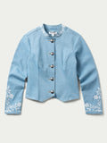 Light wash denim cropped jacket with snap front and white floral cuff embroidery